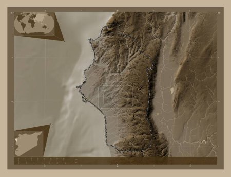 Téléchargez les photos : Lattakia, province of Syria. Elevation map colored in sepia tones with lakes and rivers. Locations of major cities of the region. Corner auxiliary location maps - en image libre de droit