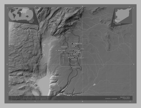 Photo for Quneitra, province of Syria. Grayscale elevation map with lakes and rivers. Locations and names of major cities of the region. Corner auxiliary location maps - Royalty Free Image