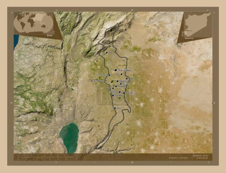 Téléchargez les photos : Quneitra, province de Syrie. Carte satellite basse résolution. Emplacements et noms des grandes villes de la région. Corner cartes de localisation auxiliaires - en image libre de droit