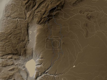 Téléchargez les photos : Quneitra, province de Syrie. Carte d'altitude colorée dans des tons sépia avec des lacs et des rivières - en image libre de droit