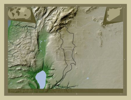 Foto de Quneitra, provincia de Siria. Mapa de elevación coloreado en estilo wiki con lagos y ríos. Mapas de ubicación auxiliares de esquina - Imagen libre de derechos