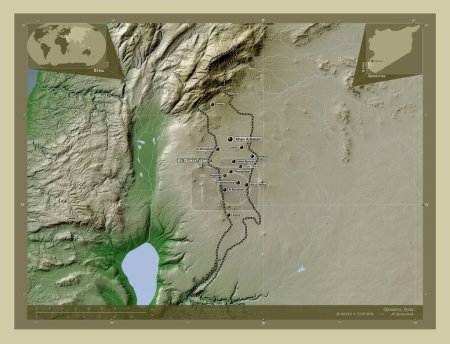 Téléchargez les photos : Quneitra, province de Syrie. Carte d'altitude colorée dans le style wiki avec des lacs et des rivières. Emplacements et noms des grandes villes de la région. Corner cartes de localisation auxiliaires - en image libre de droit