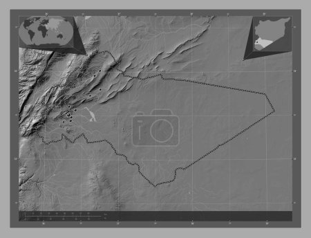 Téléchargez les photos : Rif Dimashq, province de Syrie. Carte d'altitude de Bilevel avec lacs et rivières. Emplacements des grandes villes de la région. Corner cartes de localisation auxiliaires - en image libre de droit