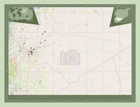 Photo for Rif Dimashq, province of Syria. Open Street Map. Locations of major cities of the region. Corner auxiliary location maps - Royalty Free Image