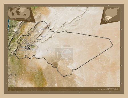 Téléchargez les photos : Rif Dimashq, province de Syrie. Carte satellite basse résolution. Emplacements et noms des grandes villes de la région. Corner cartes de localisation auxiliaires - en image libre de droit