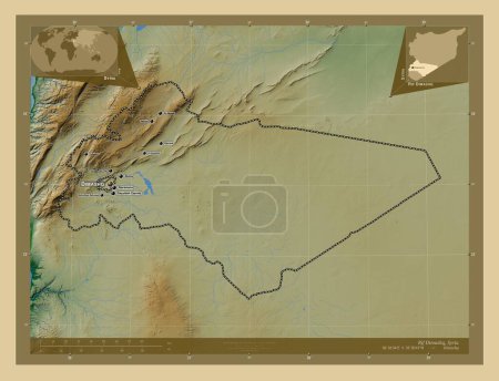 Téléchargez les photos : Rif Dimashq, province de Syrie. Carte d'altitude colorée avec lacs et rivières. Emplacements et noms des grandes villes de la région. Corner cartes de localisation auxiliaires - en image libre de droit