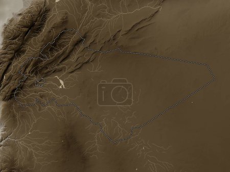 Photo for Rif Dimashq, province of Syria. Elevation map colored in sepia tones with lakes and rivers - Royalty Free Image