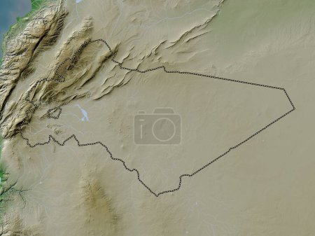 Téléchargez les photos : Rif Dimashq, province de Syrie. Carte d'altitude colorée dans le style wiki avec des lacs et des rivières - en image libre de droit