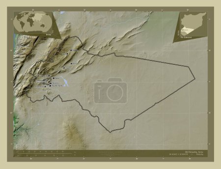 Téléchargez les photos : Rif Dimashq, province de Syrie. Carte d'altitude colorée dans le style wiki avec des lacs et des rivières. Emplacements et noms des grandes villes de la région. Corner cartes de localisation auxiliaires - en image libre de droit