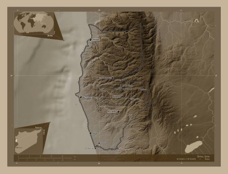 Téléchargez les photos : Tartous, province de Syrie. Carte d'altitude colorée dans des tons sépia avec des lacs et des rivières. Emplacements et noms des grandes villes de la région. Corner cartes de localisation auxiliaires - en image libre de droit