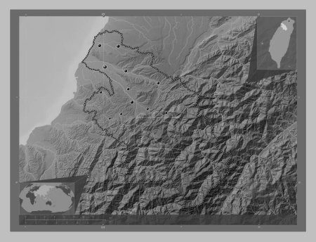 Photo for Hsinchu, county of Taiwan. Grayscale elevation map with lakes and rivers. Locations of major cities of the region. Corner auxiliary location maps - Royalty Free Image