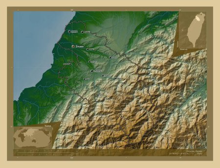Photo for Hsinchu, county of Taiwan. Colored elevation map with lakes and rivers. Locations and names of major cities of the region. Corner auxiliary location maps - Royalty Free Image
