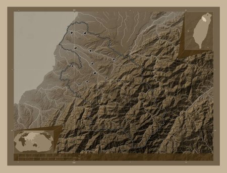 Photo for Hsinchu, county of Taiwan. Elevation map colored in sepia tones with lakes and rivers. Locations of major cities of the region. Corner auxiliary location maps - Royalty Free Image