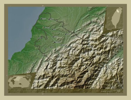 Photo for Hsinchu, county of Taiwan. Elevation map colored in wiki style with lakes and rivers. Locations and names of major cities of the region. Corner auxiliary location maps - Royalty Free Image