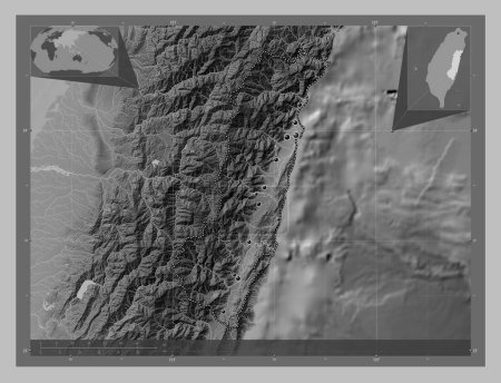 Photo for Hualien, county of Taiwan. Grayscale elevation map with lakes and rivers. Locations of major cities of the region. Corner auxiliary location maps - Royalty Free Image