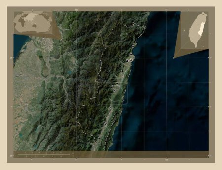 Photo for Hualien, county of Taiwan. High resolution satellite map. Locations of major cities of the region. Corner auxiliary location maps - Royalty Free Image