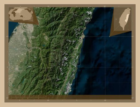 Photo for Hualien, county of Taiwan. Low resolution satellite map. Locations of major cities of the region. Corner auxiliary location maps - Royalty Free Image