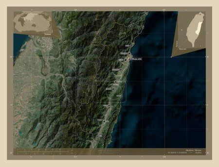 Photo for Hualien, county of Taiwan. High resolution satellite map. Locations and names of major cities of the region. Corner auxiliary location maps - Royalty Free Image