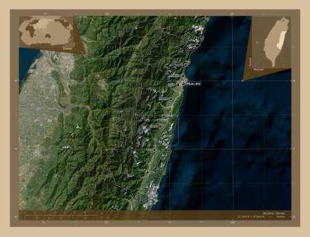 Photo for Hualien, county of Taiwan. Low resolution satellite map. Locations and names of major cities of the region. Corner auxiliary location maps - Royalty Free Image