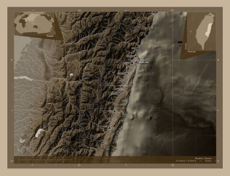 Photo for Hualien, county of Taiwan. Elevation map colored in sepia tones with lakes and rivers. Locations and names of major cities of the region. Corner auxiliary location maps - Royalty Free Image