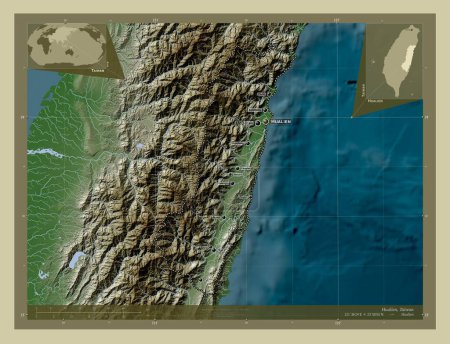 Photo for Hualien, county of Taiwan. Elevation map colored in wiki style with lakes and rivers. Locations and names of major cities of the region. Corner auxiliary location maps - Royalty Free Image