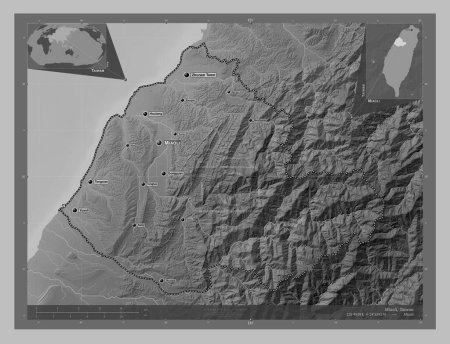 Téléchargez les photos : Miaoli, county of Taiwan. Grayscale elevation map with lakes and rivers. Locations and names of major cities of the region. Corner auxiliary location maps - en image libre de droit