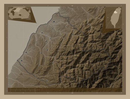 Téléchargez les photos : Miaoli, county of Taiwan. Elevation map colored in sepia tones with lakes and rivers. Locations of major cities of the region. Corner auxiliary location maps - en image libre de droit
