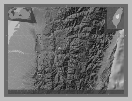 Photo for Nantou, county of Taiwan. Grayscale elevation map with lakes and rivers. Locations of major cities of the region. Corner auxiliary location maps - Royalty Free Image