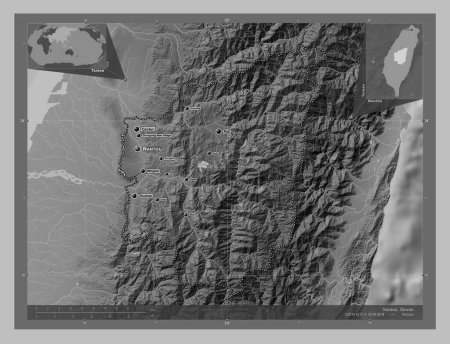 Photo for Nantou, county of Taiwan. Grayscale elevation map with lakes and rivers. Locations and names of major cities of the region. Corner auxiliary location maps - Royalty Free Image