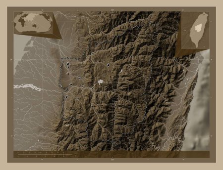 Photo for Nantou, county of Taiwan. Elevation map colored in sepia tones with lakes and rivers. Locations of major cities of the region. Corner auxiliary location maps - Royalty Free Image