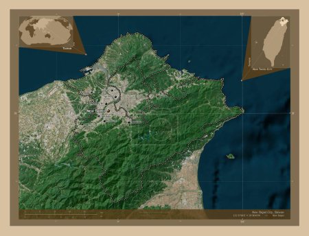 Photo for New Taipei City, special municipality of Taiwan. Low resolution satellite map. Locations and names of major cities of the region. Corner auxiliary location maps - Royalty Free Image