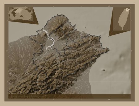 Photo for New Taipei City, special municipality of Taiwan. Elevation map colored in sepia tones with lakes and rivers. Corner auxiliary location maps - Royalty Free Image