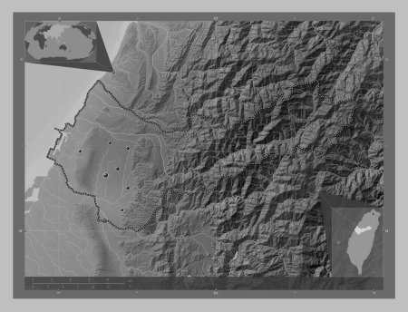 Photo for Taichung, special municipality of Taiwan. Grayscale elevation map with lakes and rivers. Locations of major cities of the region. Corner auxiliary location maps - Royalty Free Image