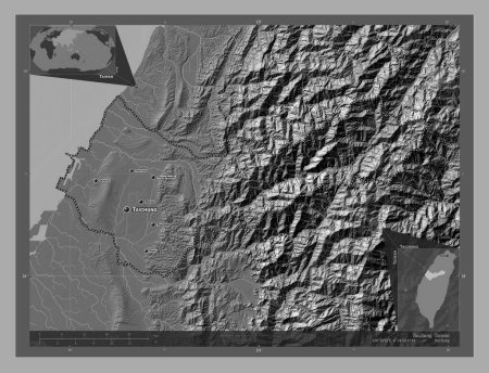 Photo for Taichung, special municipality of Taiwan. Bilevel elevation map with lakes and rivers. Locations and names of major cities of the region. Corner auxiliary location maps - Royalty Free Image
