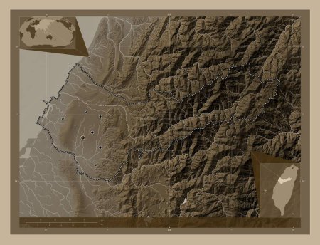 Photo for Taichung, special municipality of Taiwan. Elevation map colored in sepia tones with lakes and rivers. Locations of major cities of the region. Corner auxiliary location maps - Royalty Free Image