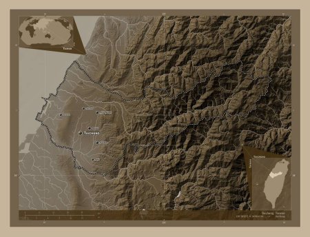 Photo for Taichung, special municipality of Taiwan. Elevation map colored in sepia tones with lakes and rivers. Locations and names of major cities of the region. Corner auxiliary location maps - Royalty Free Image