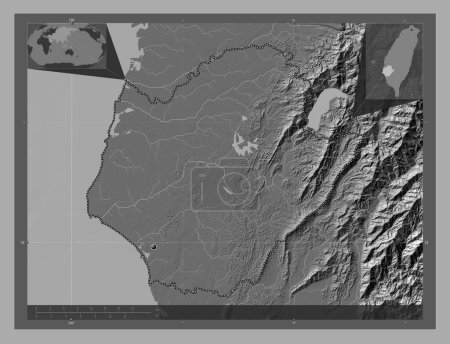 Photo for Tainan, special municipality of Taiwan. Bilevel elevation map with lakes and rivers. Corner auxiliary location maps - Royalty Free Image