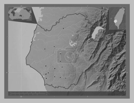 Téléchargez les photos : Tainan, special municipality of Taiwan. Grayscale elevation map with lakes and rivers. Locations of major cities of the region. Corner auxiliary location maps - en image libre de droit