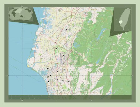 Téléchargez les photos : Tainan, special municipality of Taiwan. Open Street Map. Locations of major cities of the region. Corner auxiliary location maps - en image libre de droit