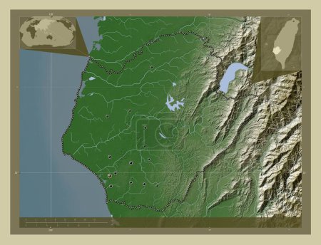 Téléchargez les photos : Tainan, municipalité spéciale de Taiwan. Carte d'altitude colorée dans le style wiki avec des lacs et des rivières. Emplacements des grandes villes de la région. Corner cartes de localisation auxiliaires - en image libre de droit