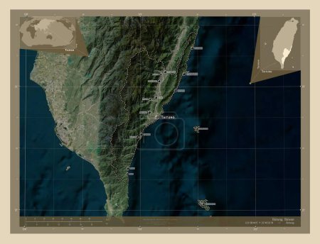 Photo for Taitung, county of Taiwan. High resolution satellite map. Locations and names of major cities of the region. Corner auxiliary location maps - Royalty Free Image