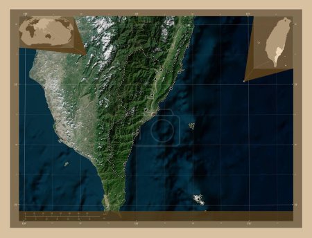 Photo for Taitung, county of Taiwan. Low resolution satellite map. Locations of major cities of the region. Corner auxiliary location maps - Royalty Free Image