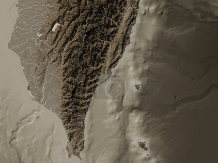 Photo for Taitung, county of Taiwan. Elevation map colored in sepia tones with lakes and rivers - Royalty Free Image