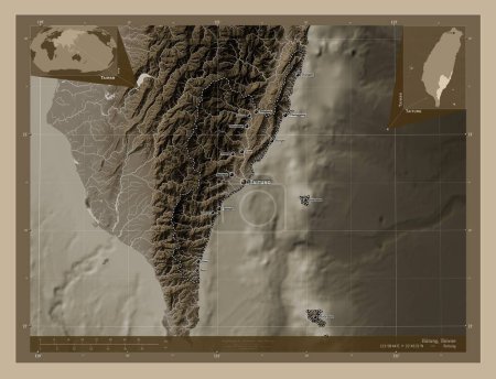 Photo for Taitung, county of Taiwan. Elevation map colored in sepia tones with lakes and rivers. Locations and names of major cities of the region. Corner auxiliary location maps - Royalty Free Image