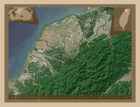 Téléchargez les photos : Taoyuan, special municipality of Taiwan. Low resolution satellite map. Locations of major cities of the region. Corner auxiliary location maps - en image libre de droit