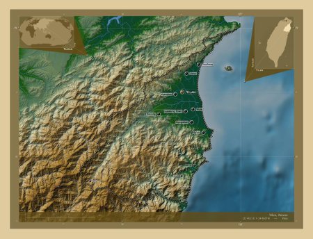 Téléchargez les photos : Yilan, comté de Taiwan. Carte d'altitude colorée avec lacs et rivières. Emplacements et noms des grandes villes de la région. Corner cartes de localisation auxiliaires - en image libre de droit