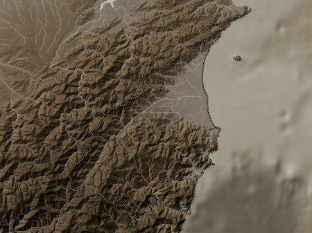 Téléchargez les photos : Yilan, county of Taiwan. Elevation map colored in sepia tones with lakes and rivers - en image libre de droit