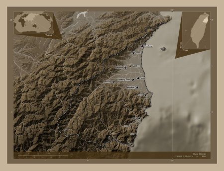 Téléchargez les photos : Yilan, county of Taiwan. Elevation map colored in sepia tones with lakes and rivers. Locations and names of major cities of the region. Corner auxiliary location maps - en image libre de droit