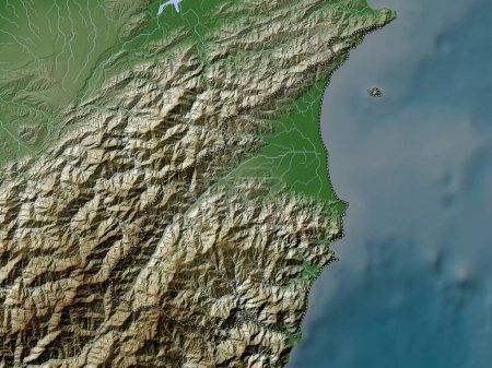Téléchargez les photos : Yilan, comté de Taiwan. Carte d'altitude colorée dans le style wiki avec des lacs et des rivières - en image libre de droit