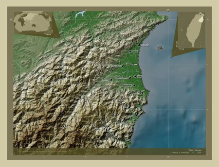 Téléchargez les photos : Yilan, comté de Taiwan. Carte d'altitude colorée dans le style wiki avec des lacs et des rivières. Emplacements et noms des grandes villes de la région. Corner cartes de localisation auxiliaires - en image libre de droit